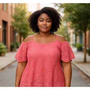 Miss Chevious Shirt Womens Size 2XL Pink Crochet Cold Shoulder Blouse Top Boho